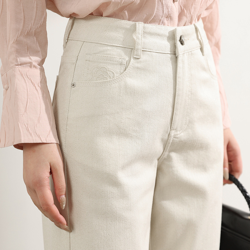 Factory direct sales of new design-sense pocket embroidered gold-threaded jeans and floor-length pants for women, fashionable wholesale Specification image