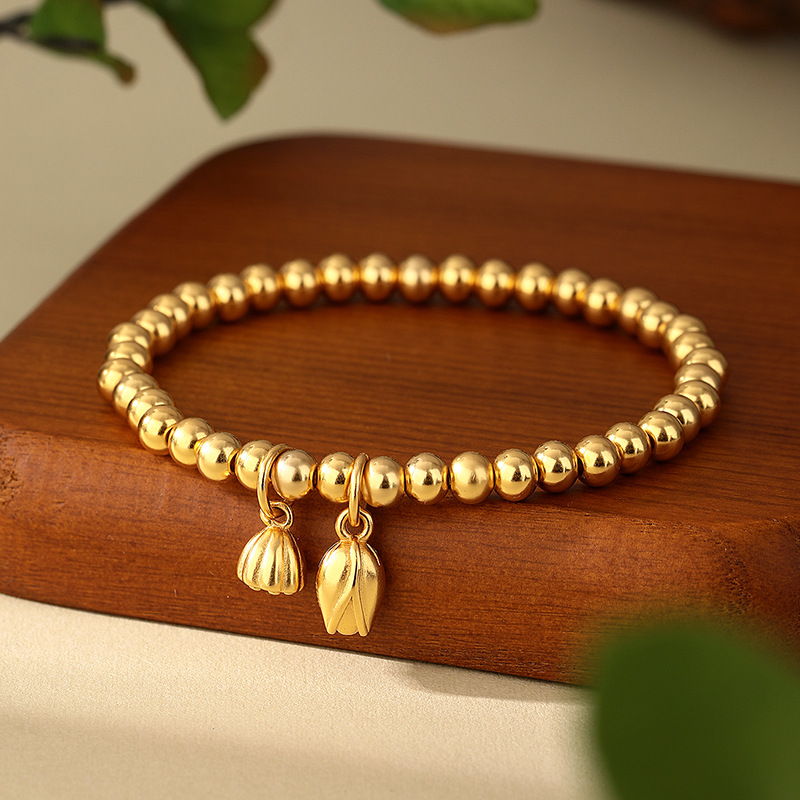 Women's copper gold-plated bracelet with two lifetimes of joy, ethnic style chain, lotus flower jewelry, simple and elegant women's bracelet full figure