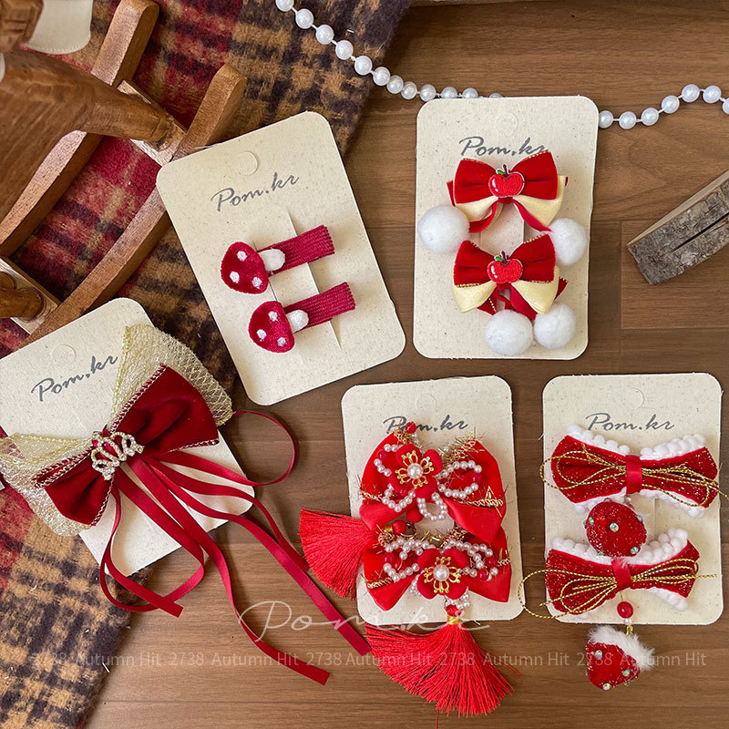 New Korean-style red New Year children's fabric hair clips, handcrafted side fringed bangs clips, paired sweet hair accessories Specification image