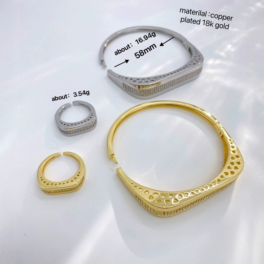 Wholesale of 18K gold geometric micro-inlaid zircon open ring and bracelet accessories with a sense of high-end European and American fashion Specification image
