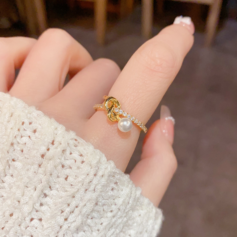 Light luxury and high-end zircon crossed pearl open ring, versatile and unique design for women, wholesale Specification image