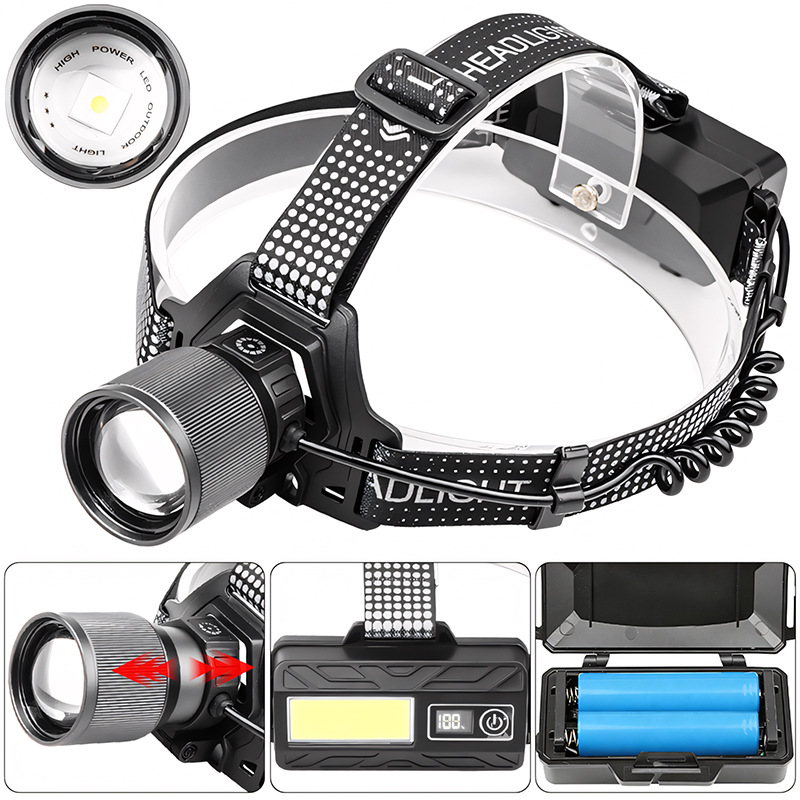 New cross-border white laser long-range strong headlamp 18650 USB charging digital display with output aluminum alloy headlamp details Picture