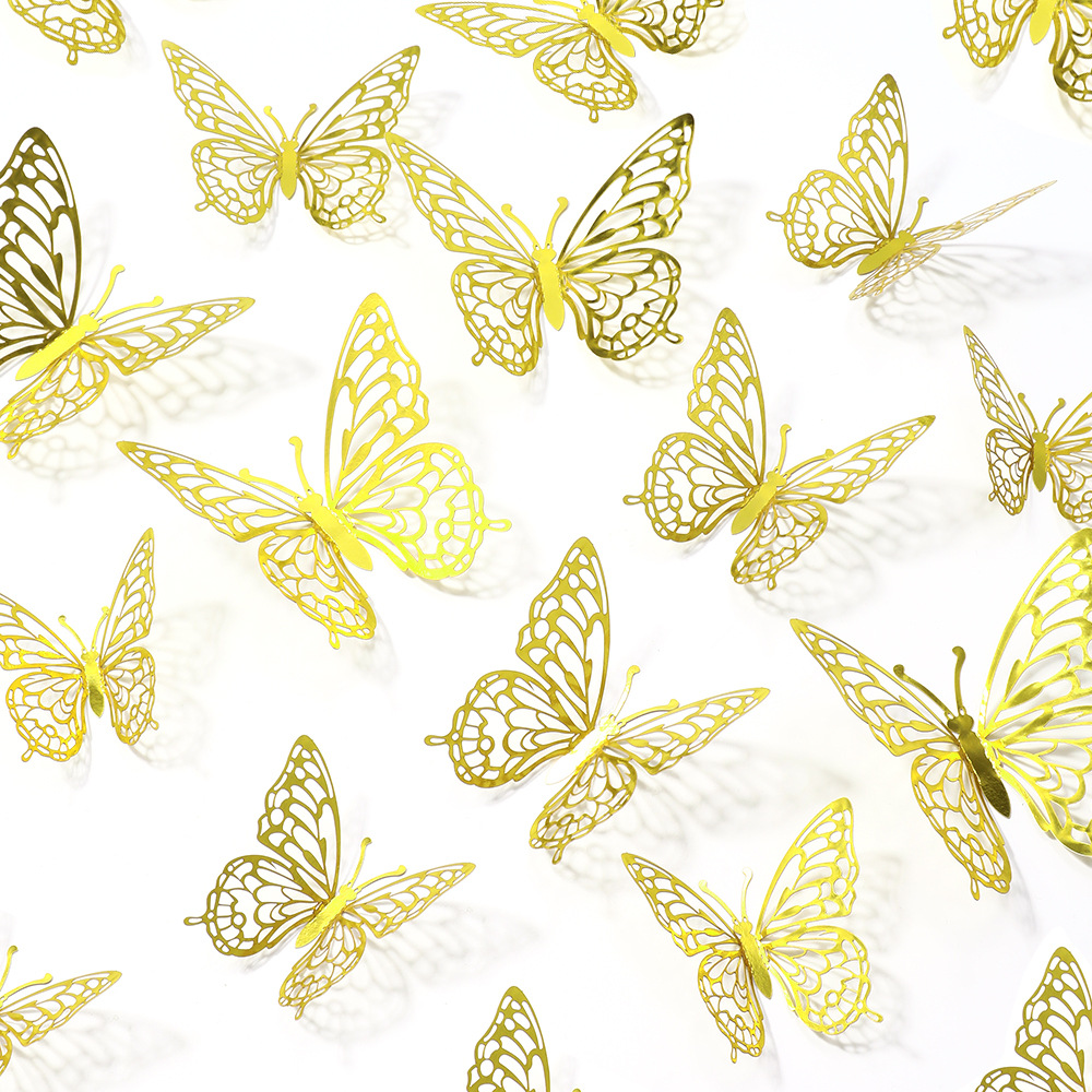 3D蝴蝶墙装饰12PCS3个尺寸-金色蝴蝶生日装饰和蝴蝶派对蛋糕装饰