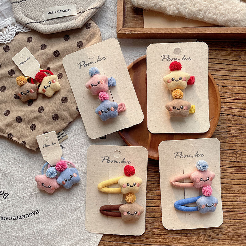 新款韩版秋冬五角星毛球发夹儿童手工布艺侧边碎发刘海夹甜美发饰