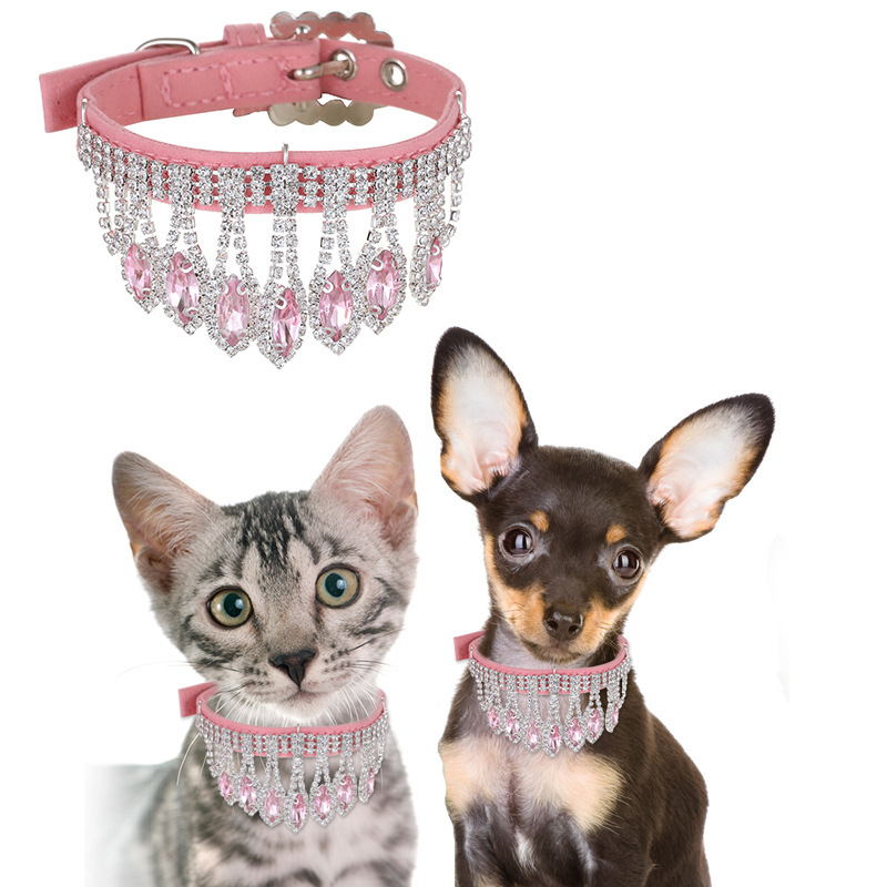 Pink diamond-encrusted tassel pet collar, universal cat and dog accessories, pet accessories, bell, pet necklace supplies