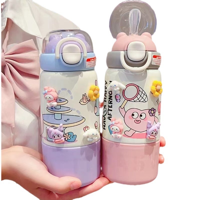 小茶日记保温杯女生高颜值可爱学生三饮水壶杯子便携吸管儿童水杯白底实物图