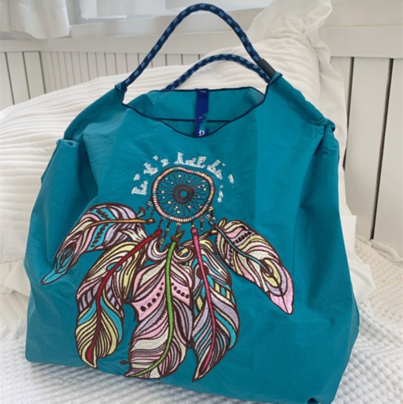 New feather embroidery eco-friendly bag, large-capacity nylon crossbody, foldable portable hand-held shopping bag, single-shoulder bag details Picture