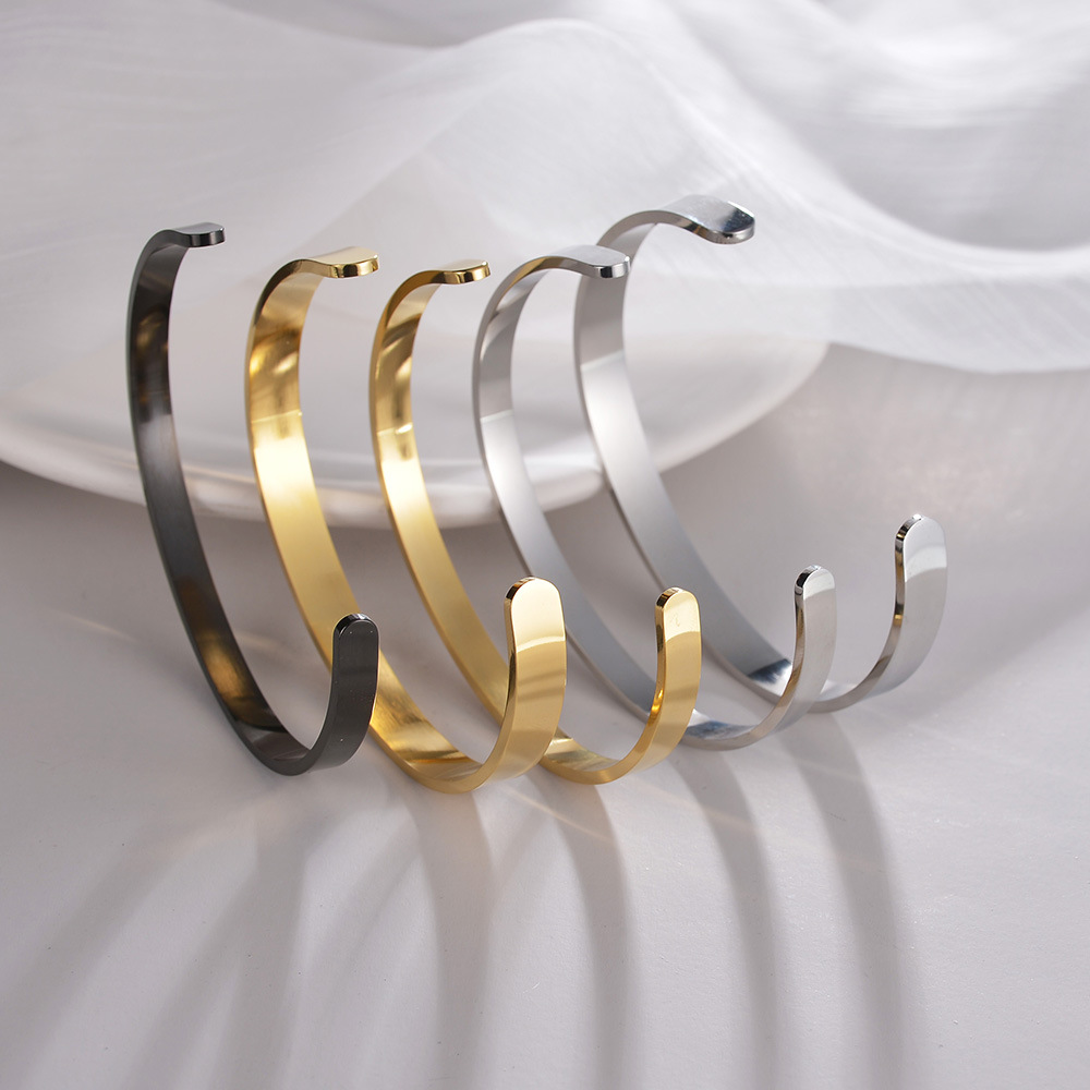 Cross-border European and American jewelry wholesale 6/8mm titanium steel open bracelet, live C-shaped wristband, vacuum electroplating, no color fading