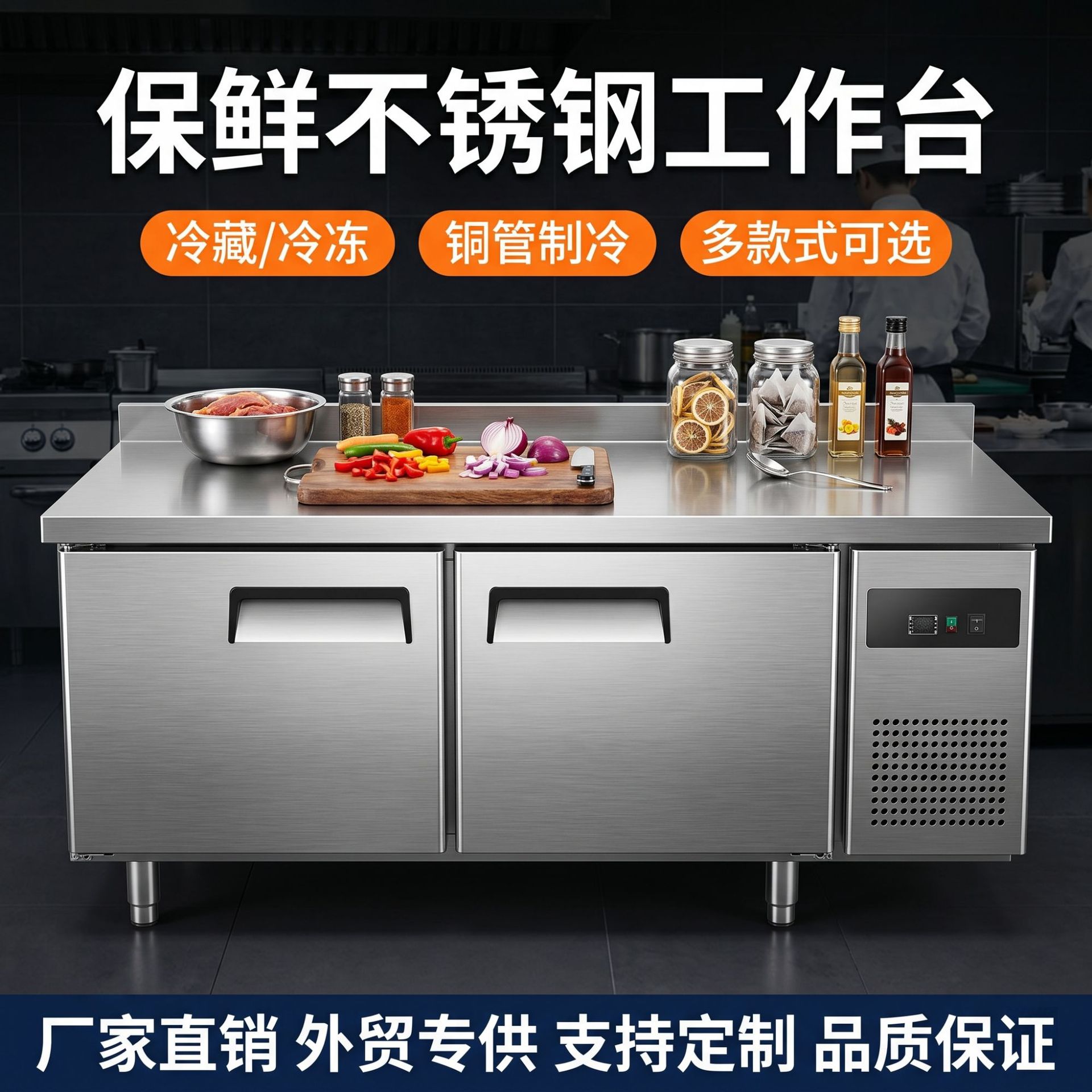 Direct sales from the manufacturer of commercial refrigerated workbenches, fresh-keeping and freezing operation tables, and dual-temperature cold cabinets for hotels, canteens, restaurants and back kitchens