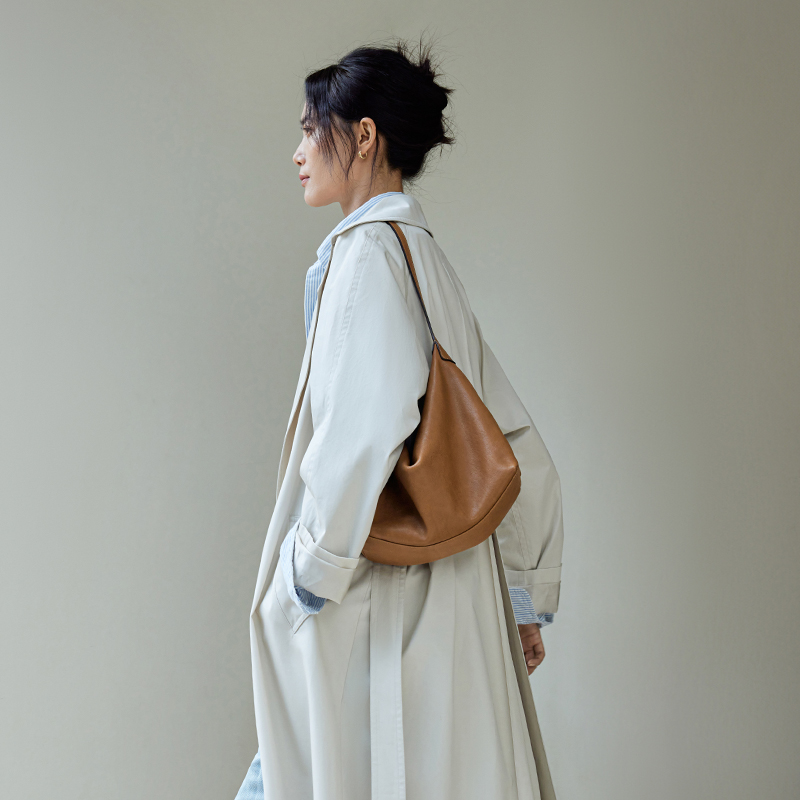 裘真植鞣牛皮腋下经典hobo包百搭休闲单肩斜挎通勤包真皮饺子包女细节图