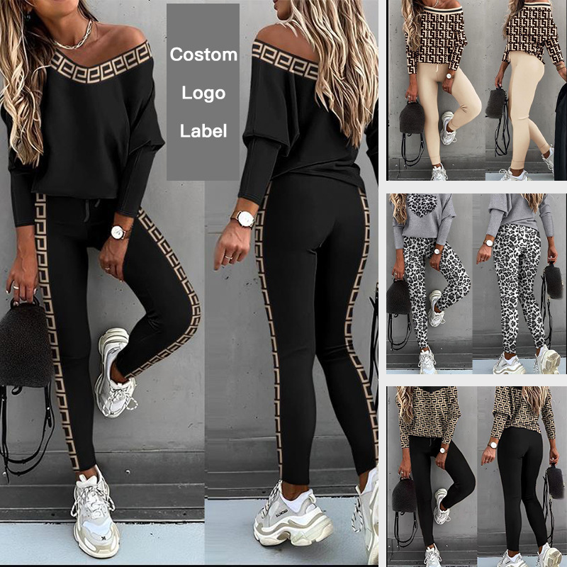 跨境热销欧美时尚女士长袖长裤套装拼接V领性感斜肩运动多色套装