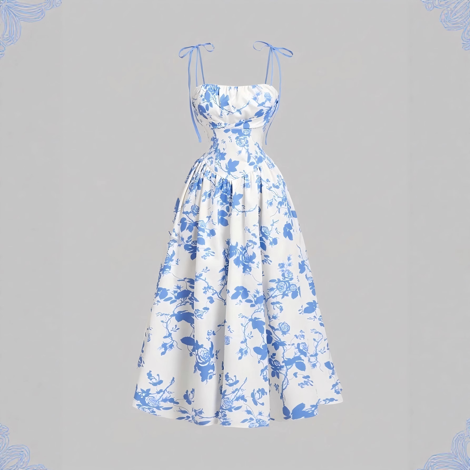 2026 European and American Amazon French retro floral print elegant and intellectual waist-cinched halter dress for women details Picture