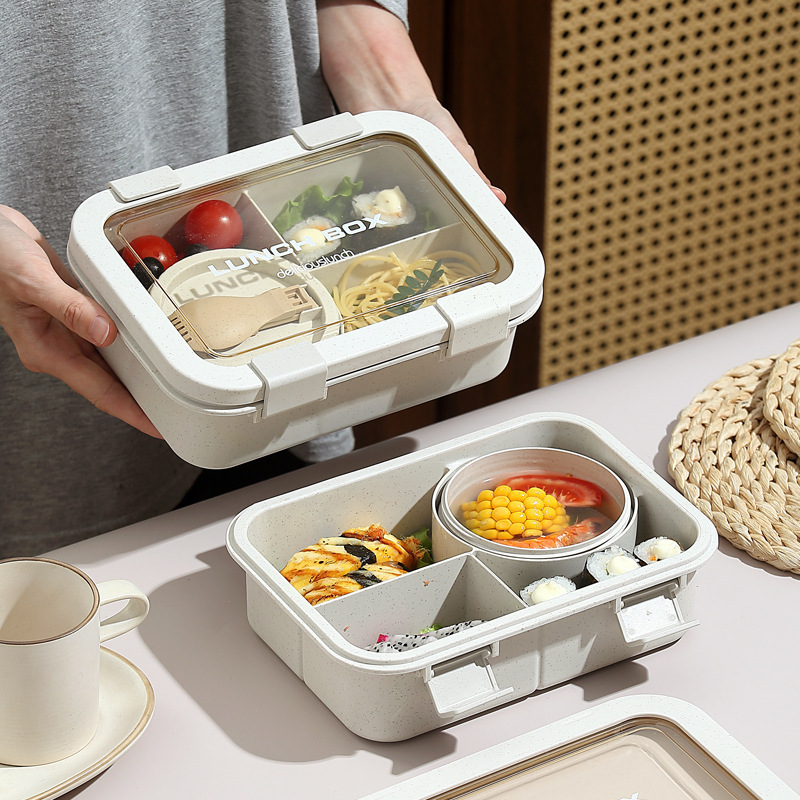 小麦秸秆饭盒日式餐盒学生午餐盒上班族分格便当盒密封保鲜盒批发产品图