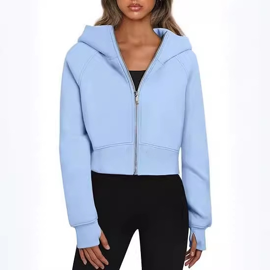 2025 European and American cross-border women's clothing Amazon hooded zipper short casual fleece long-sleeved sweatshirt details Picture
