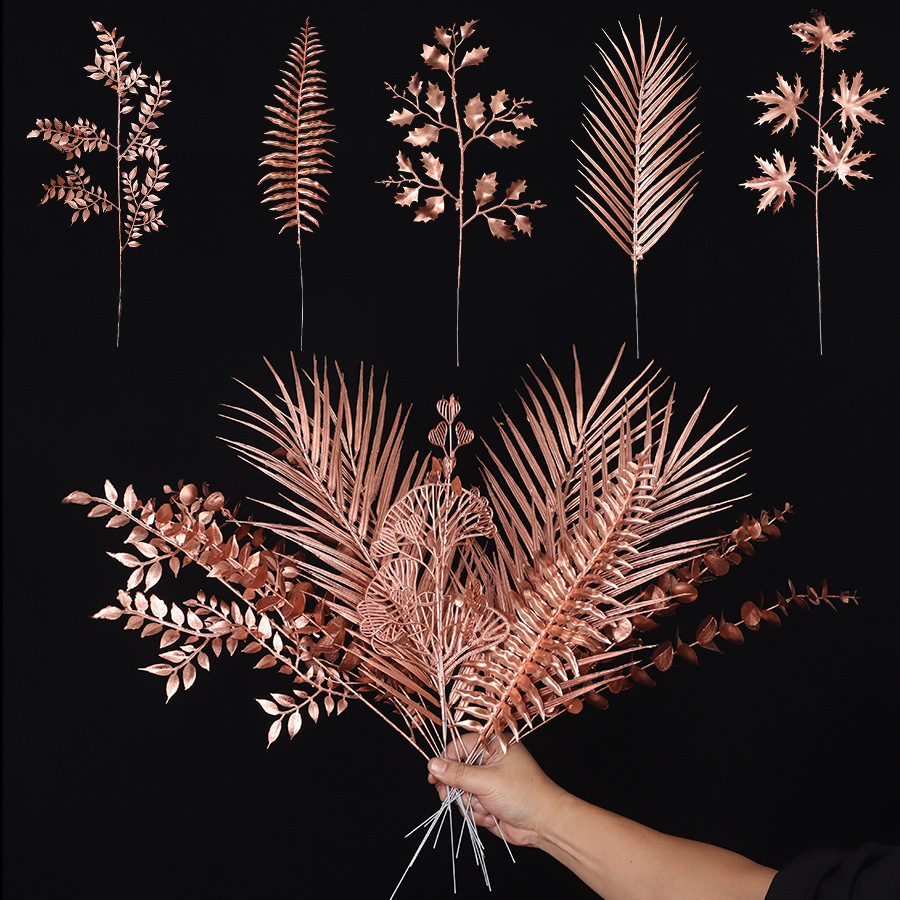 跨境专供仿真单叉玫瑰金银杏叶尤加利diy插花年宵花摄影道具福桶