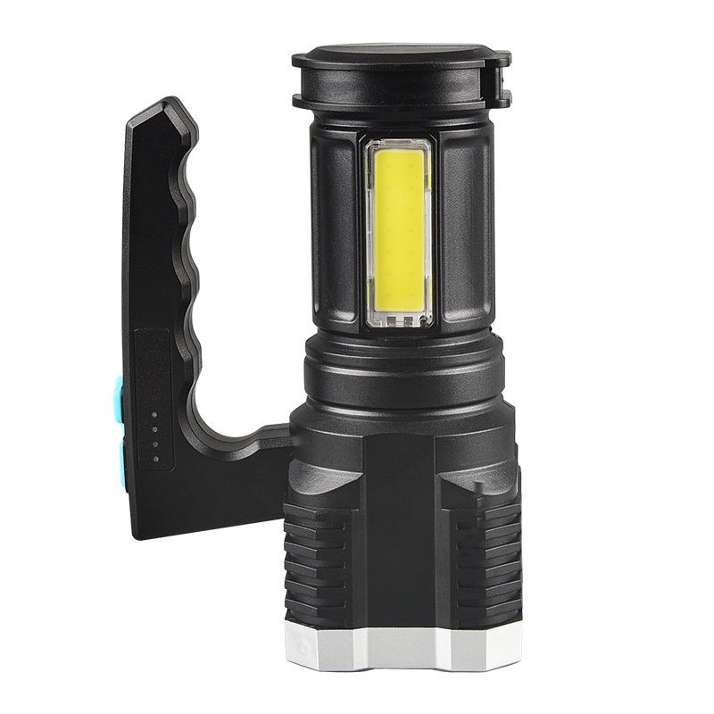 LED flashlight, quad-core handle, strong light outdoor lighting, COB side light source, strong light long-range flashlight, rechargeable