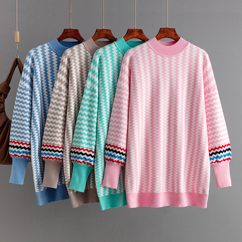 European and American cross-border women's clothing 2024 Autumn/winter new mid-length round-neck striped loose knitted sweater pullover full figure