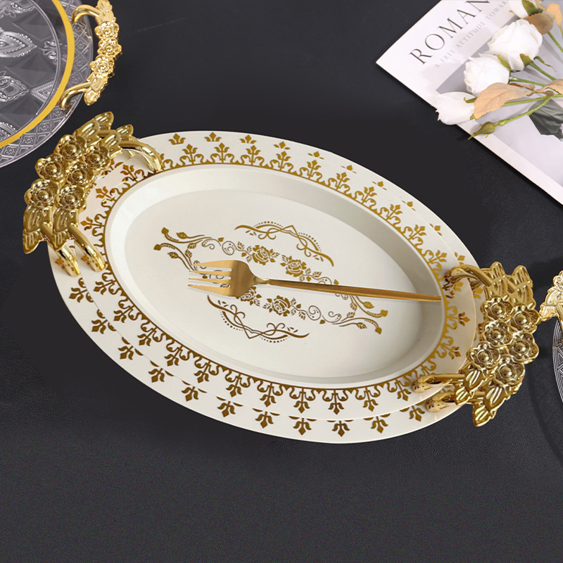 Platinum elliptical tray, cross-border e-commerce, Nordic light luxury style fruit plate, tea plate, pastry plate, hotel banquet water cup plate Specification image