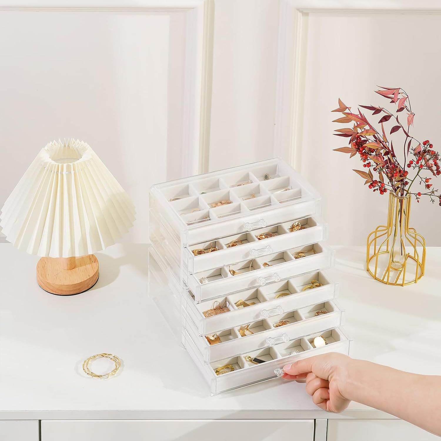 Cross-border Amazon transparent jewelry box, 3-layer women's jewelry organization, velvet drawer, ring and earring, desktop storage full figure