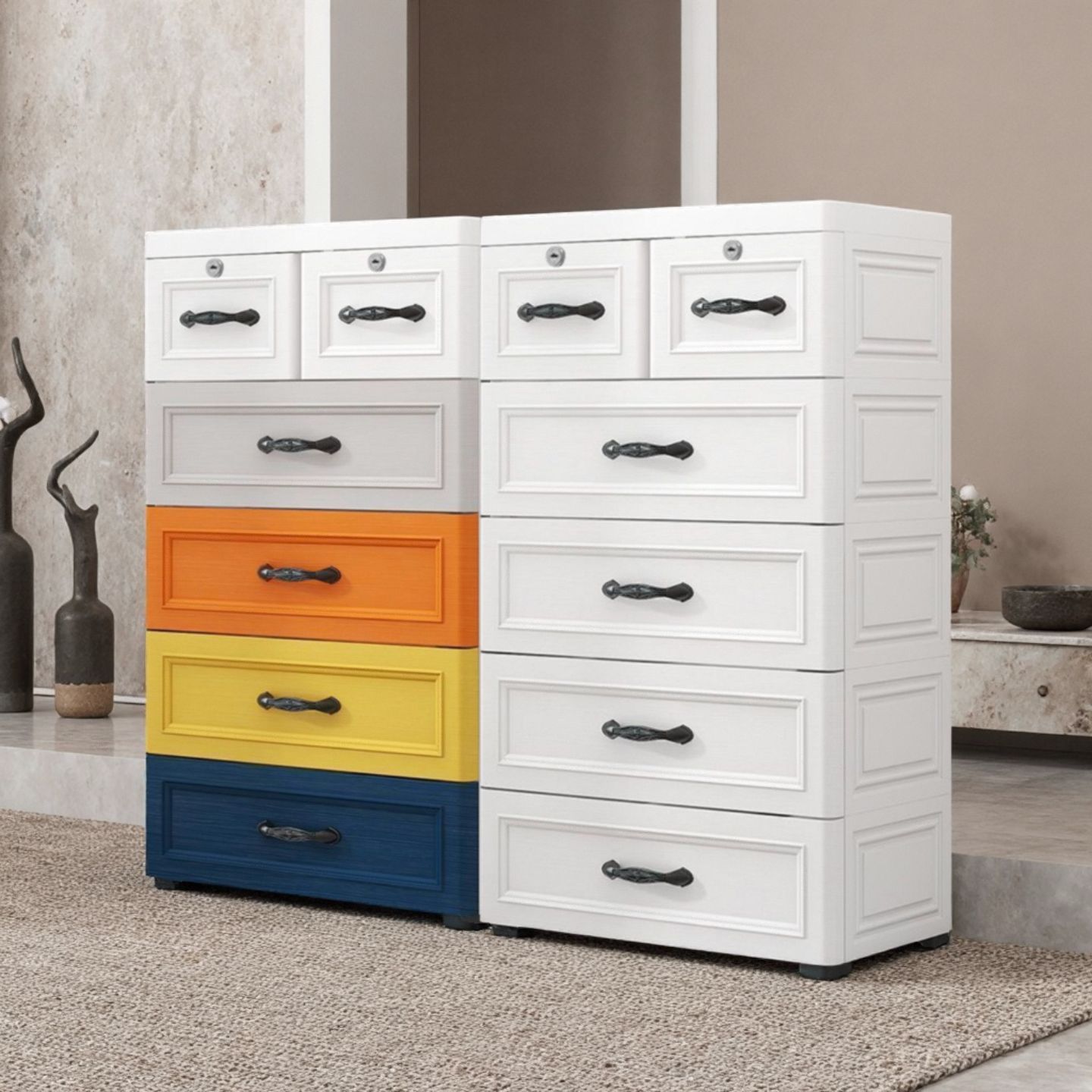 跨境48/53/63带锁抽屉式收纳柜塑料多功能整理箱多层储物柜五斗柜