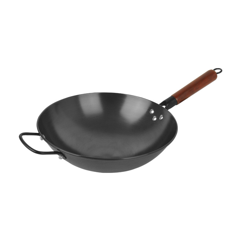 This lightweight, round-bottomed handcrafted iron wok without coating is a nitride iron wok that is not prone to rust or sticking. It is a household stir-frying wok Item Picture