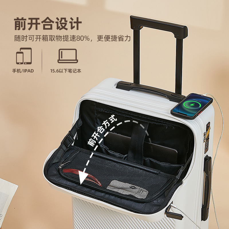 2024 New multi-functional front opening handle suitcase for women, universal silent wheel boarding travel password leather case Application Scenario