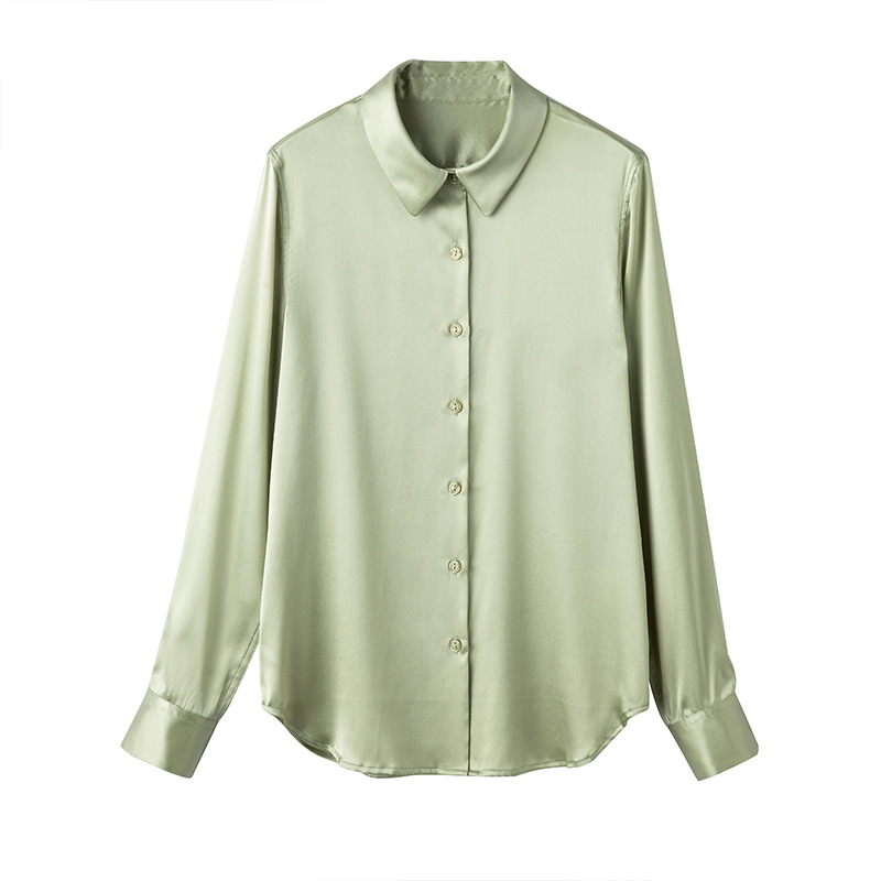 Mulberry silk and real silk shirt for women, Spring and Autumn 2025 professional attire, color-blocking long-sleeved shirt for commuting, figure-hugging, square-neck cardigan Item Picture