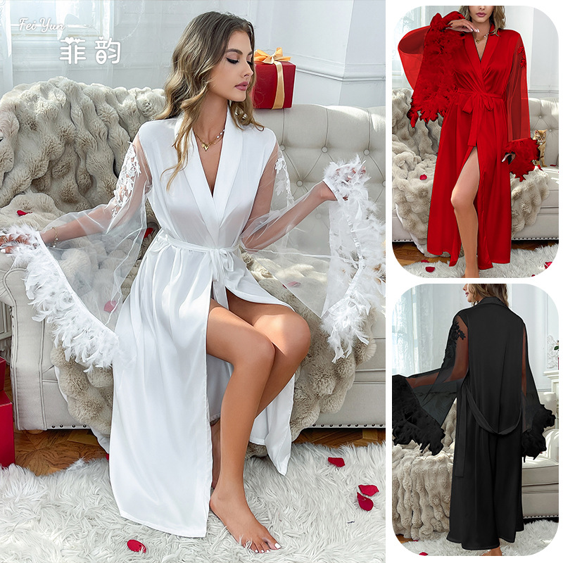 Feiyun brand elegant lace-trimmed long-sleeved bathrobe, comfortable silk fabric home wear 847