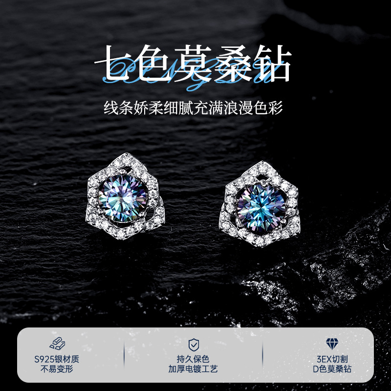 Zhuoheng Select s925 pure silver, elegant camellia moissang diamond stud earrings, simple stud earrings, versatile for autumn and winter, high-end look details Picture