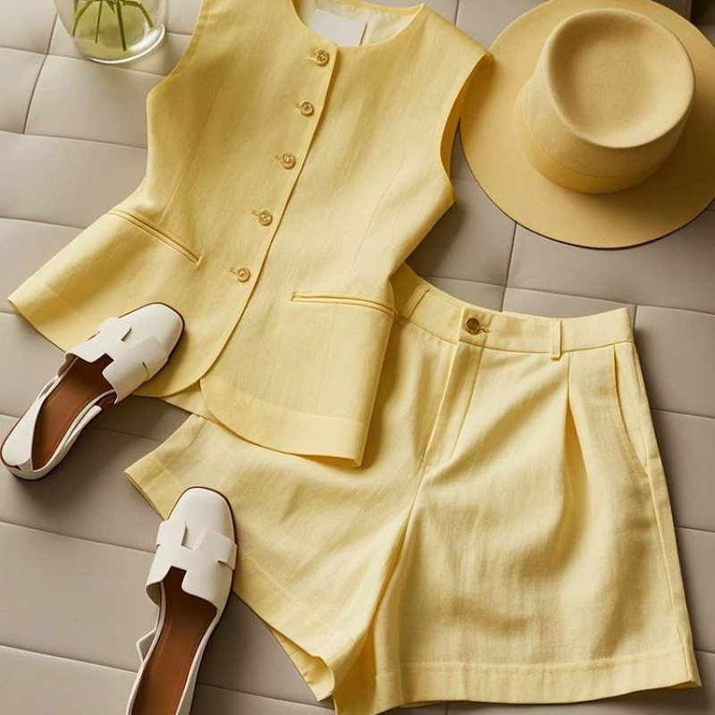 2026 stylish summer outfits paired with petite European products, a trendy and youthful, high-end yellow vest and shorts set Specification drawing
