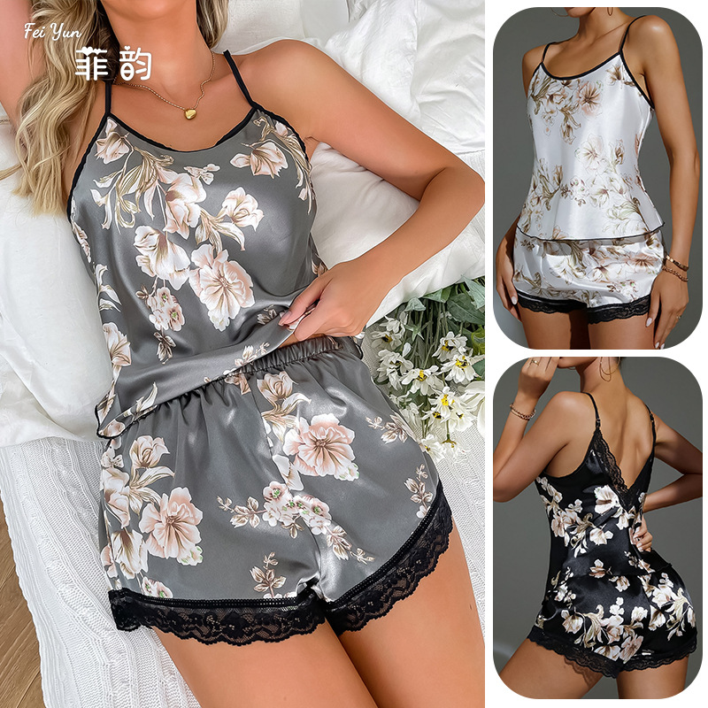 Feiyun's new cross-border sexy shorts, nightdress set, printed halter two-piece pajamas and home wear 557
