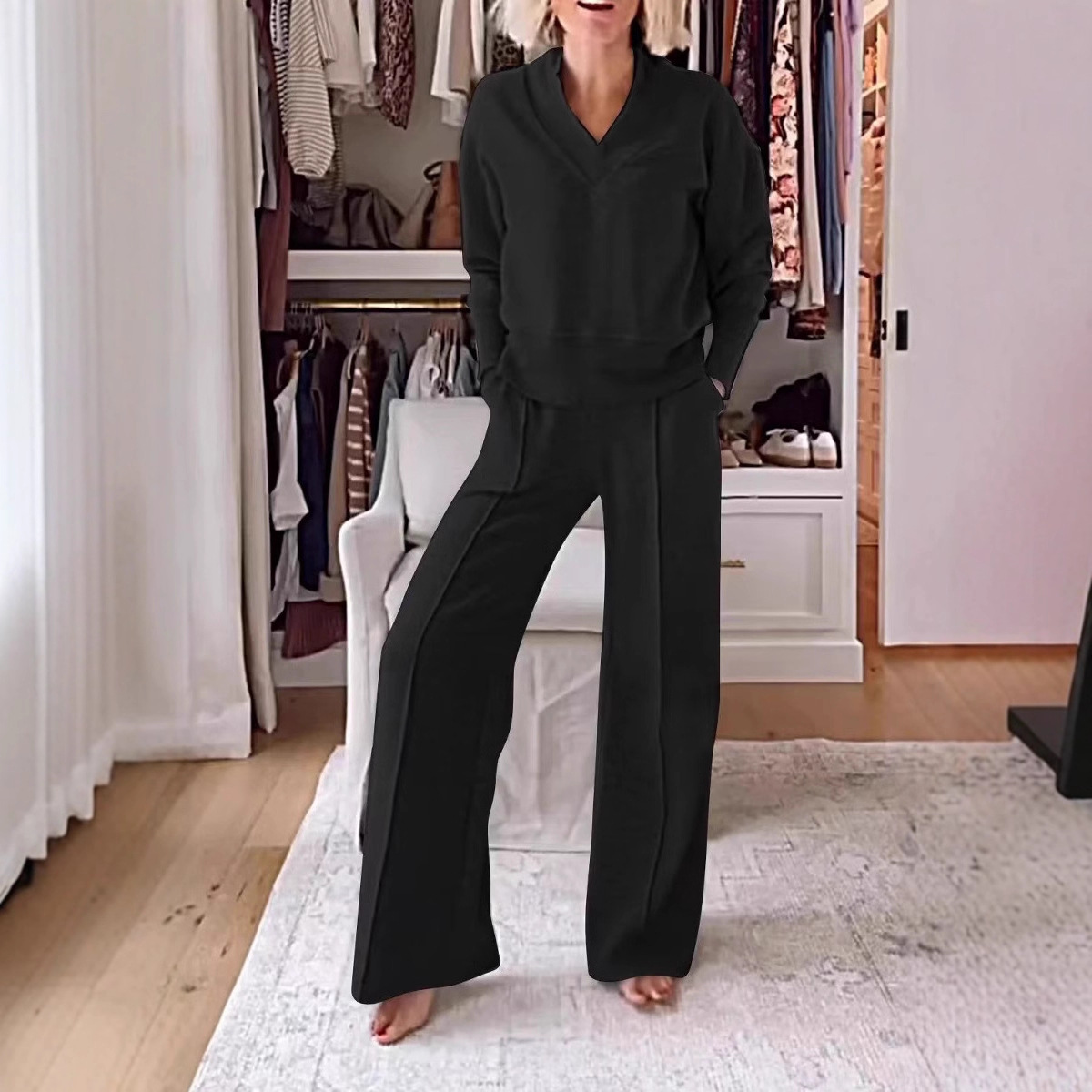 Amazon Cross-border new V-neck long-sleeved loose solid color women's fashion casual pants set for Autumn/Winter 2025 Specification drawing