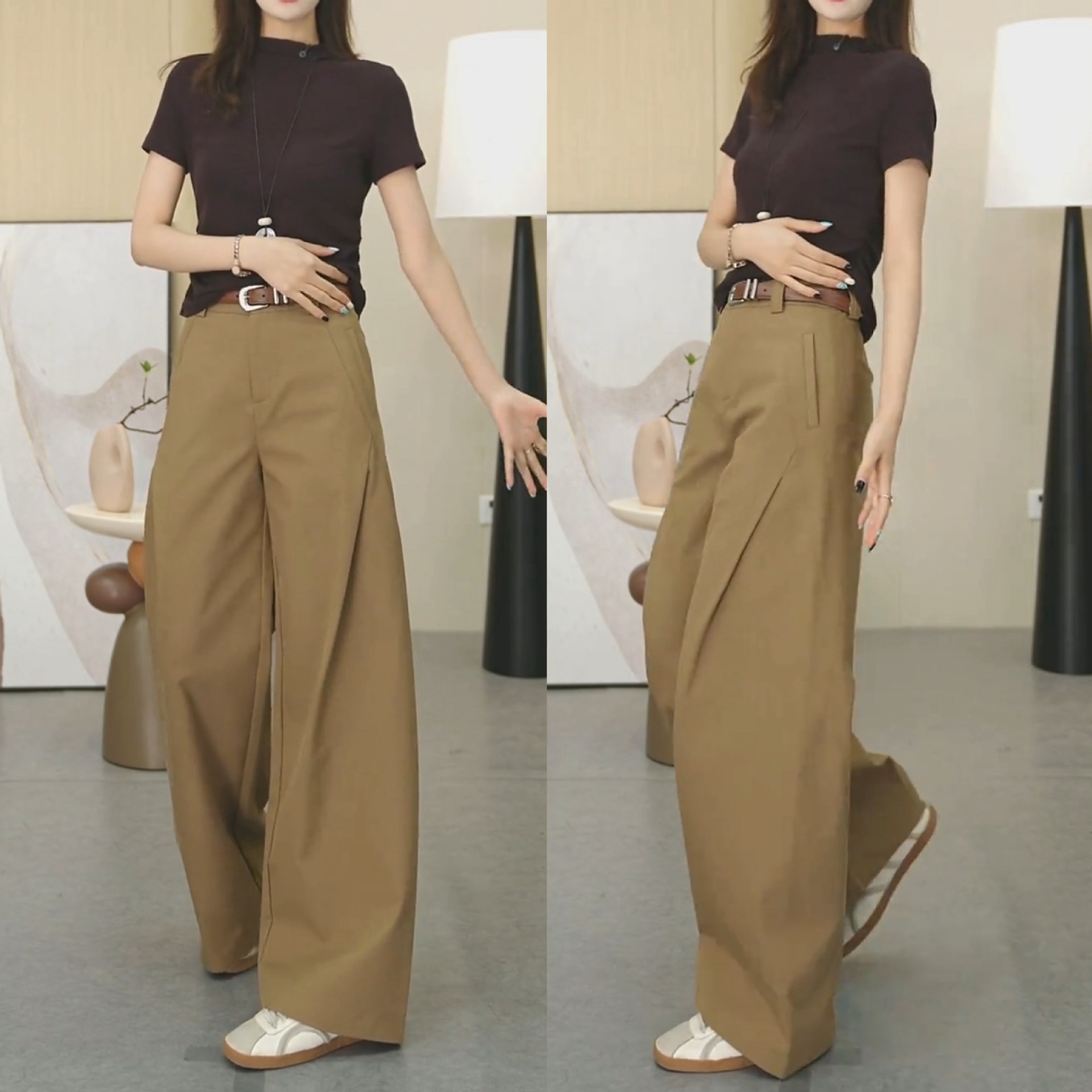 Khaki wide-leg pants with a drape feel for women's autumn 2025 new style high-waisted loose straight-leg pants Versatile casual long pants Application Scenario