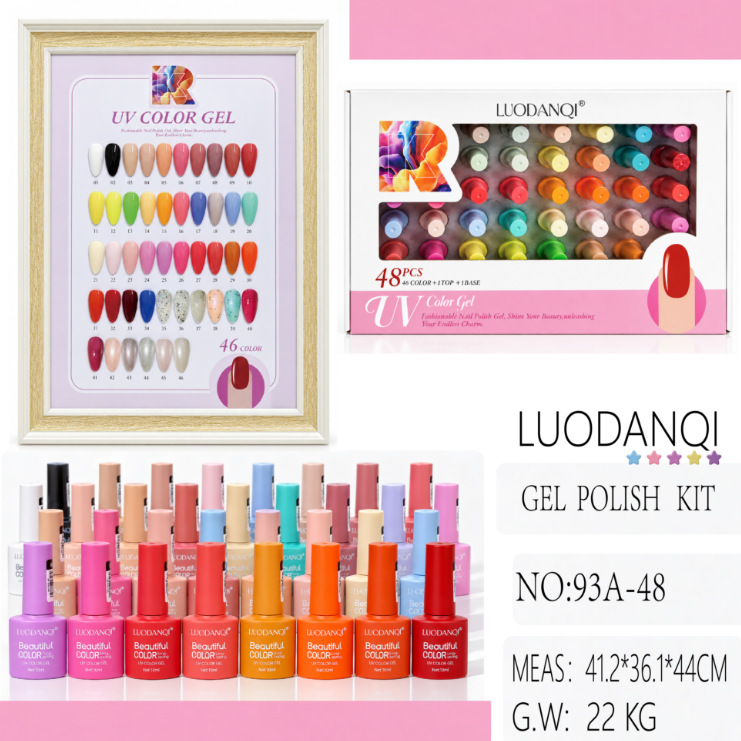 46-color nail polish glue set with base glue and sealing layer, 48 pieces in total. UV phototherapy nail polish color glue for long-lasting color display, cross-border factory
