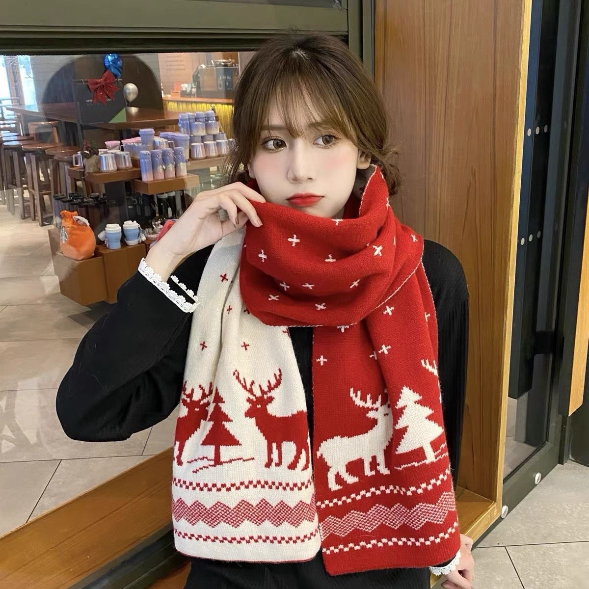 One-piece delivery of Christmas scarves, winter gifts for women, knitted scarves, red Internet celebrities, cute little deer, warm and thick woolen scarves, wholesale from street stalls