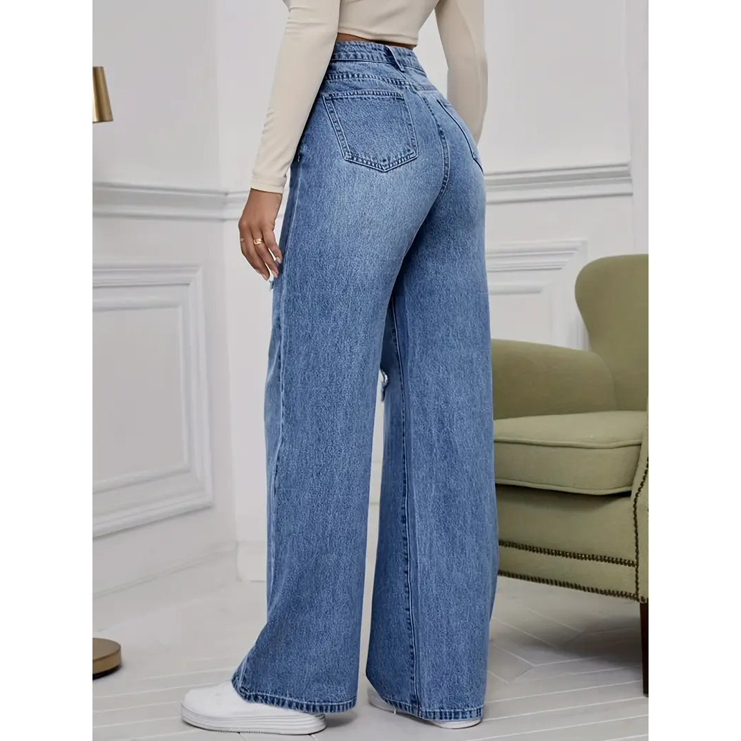 跨境高腰显瘦阔腿直筒破洞牛仔裤女浅蓝色高腰拖地裤女潮白底实物图