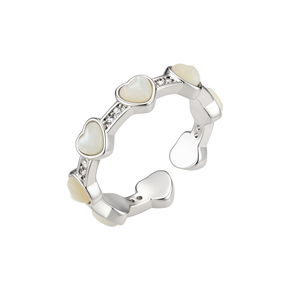 Factory direct supply of heart-shaped mother-of-pearl open ring, copper alloy inlaid with zirconium, light luxury, versatile and adjustable ring in stock for wholesale Item Picture