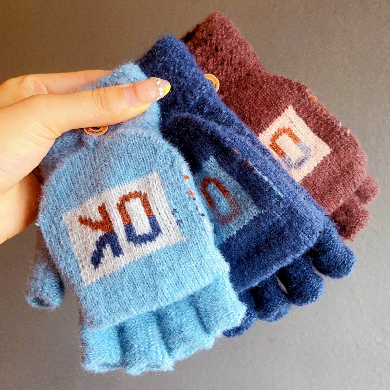 韩版手套冬季新款保暖防寒防冻男士简约户外骑行半指翻盖写字手套