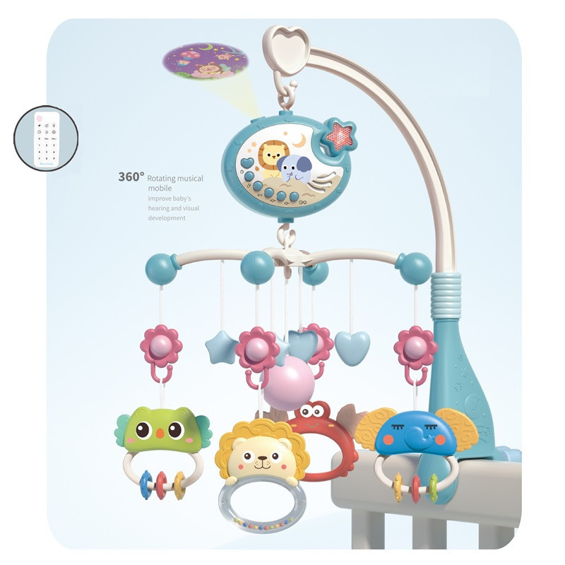 婴儿遥控床铃玩具多功能音乐灯光投影旋转床头铃 0-1岁新生儿床铃