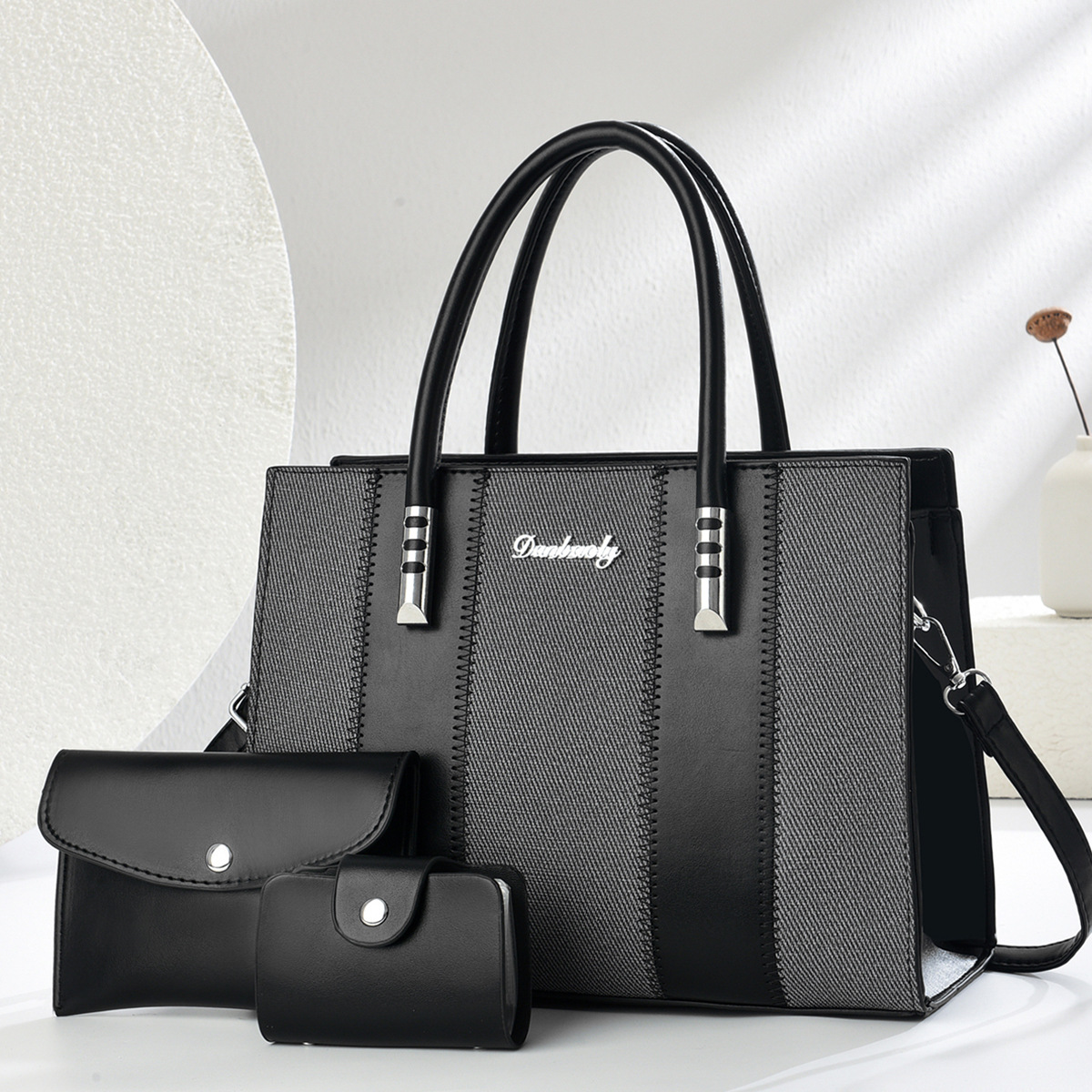 Longxiang pink handbag set: Large handbag, small wallet, card bag, tote bag, men's briefcase, crossbody bag, fashionable and casual bag combination details Picture