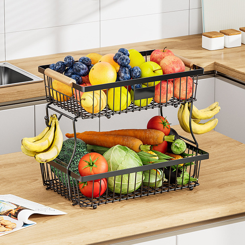Cross-border kitchen fruit rack mango de madera portátil verduras cesta de frutas sala de estar doble desmontable snack storage details Picture