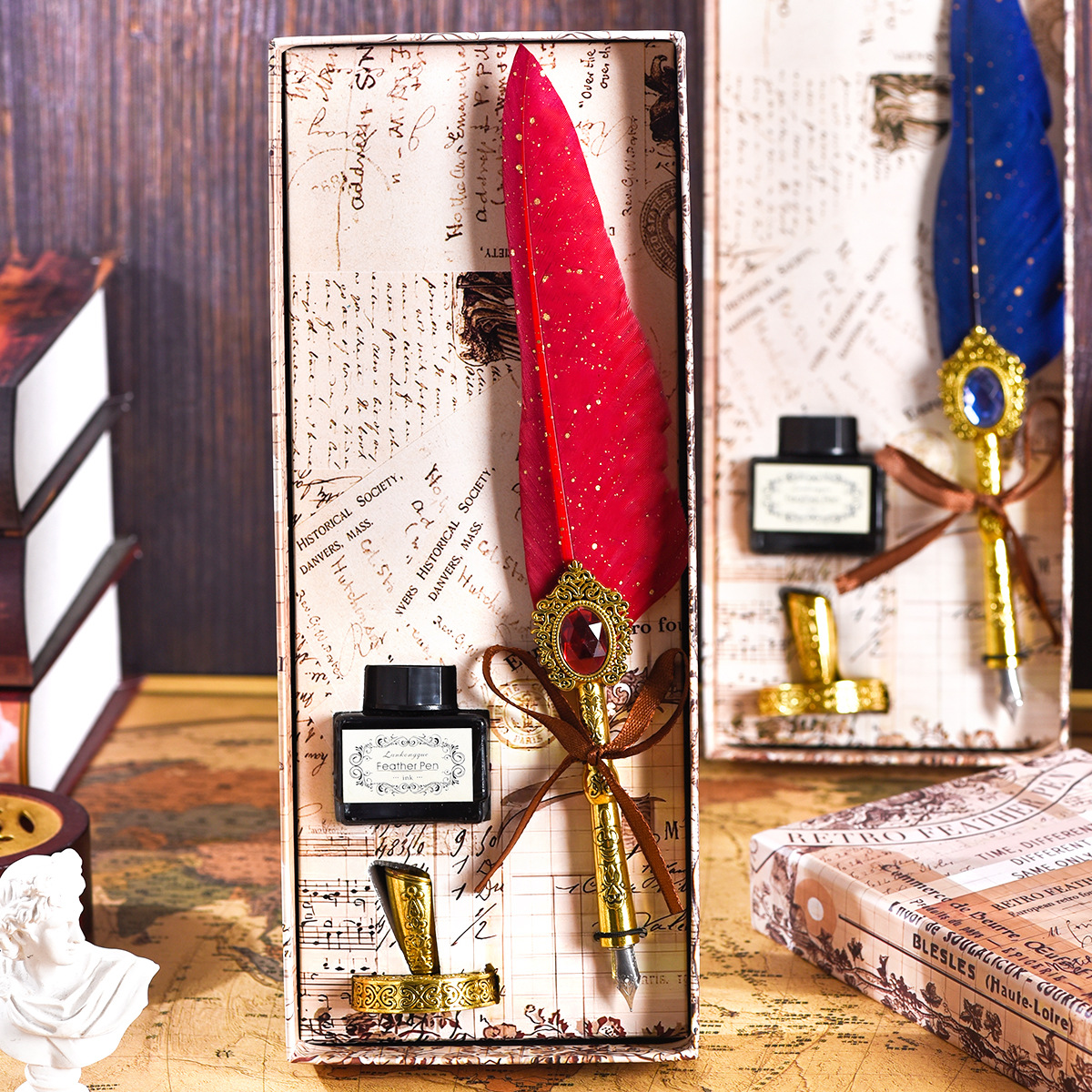 Original European retro poster quill gemstone pen, high appearance level quill pen dip pen gift box set details Picture