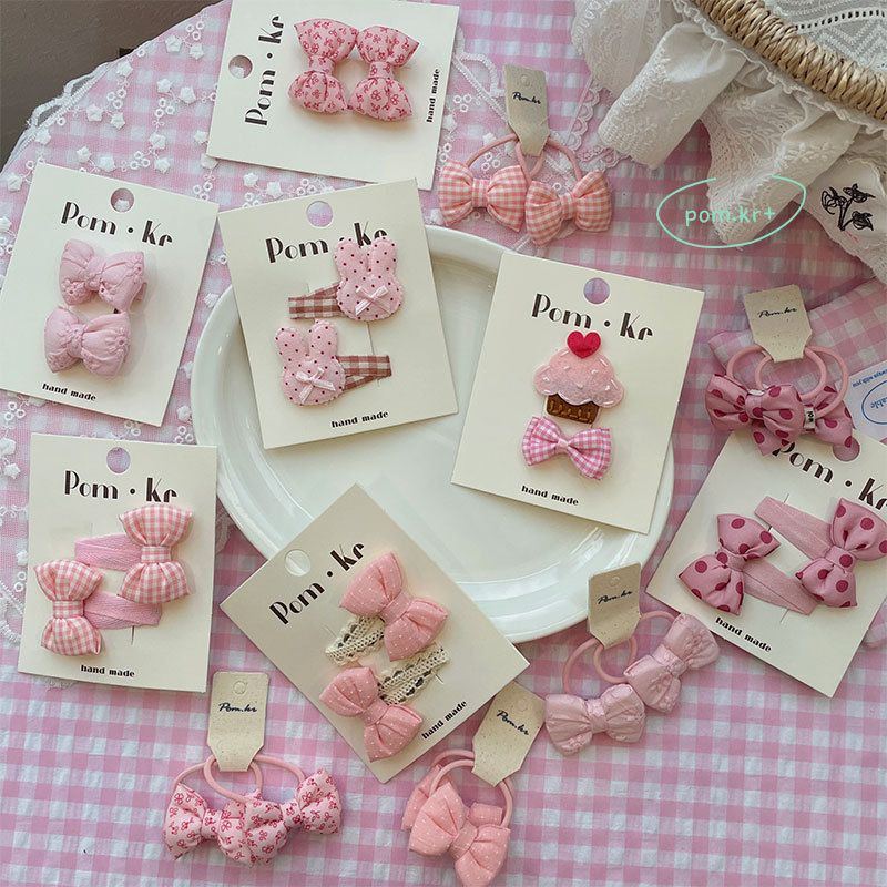 pom.kr's new Korean-style sweet and gentle pink checkered bow hair clip, children's fabric side wavy bangs clip for girls, pom.kr