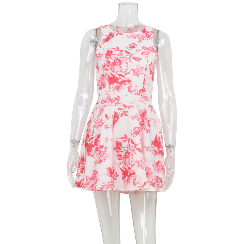 The new cross-border spring and summer women's clothing collection features A high-end and elegant sleeveless high-waisted backless A-line fashionable printed short skirt dress Item Picture