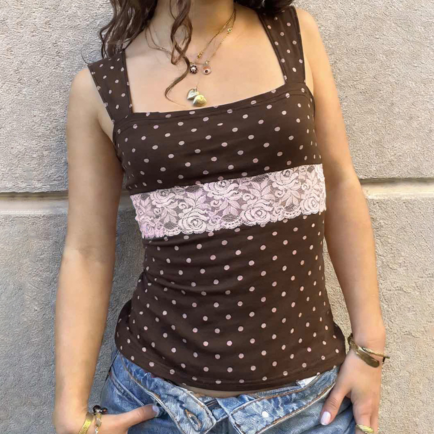 New summer women's wear: American retro polka dot print fitted vest, hot girl square neck sleeveless casual top vest details Picture