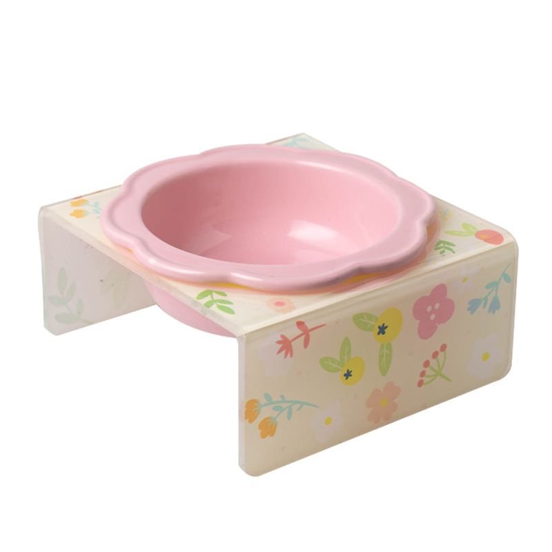 Cartoon pet bowl, acrylic stand, flower ceramic cat bowl, height-increasing dining table, single bowl stand for cats and dogs, neck guard to prevent knocking Item Picture