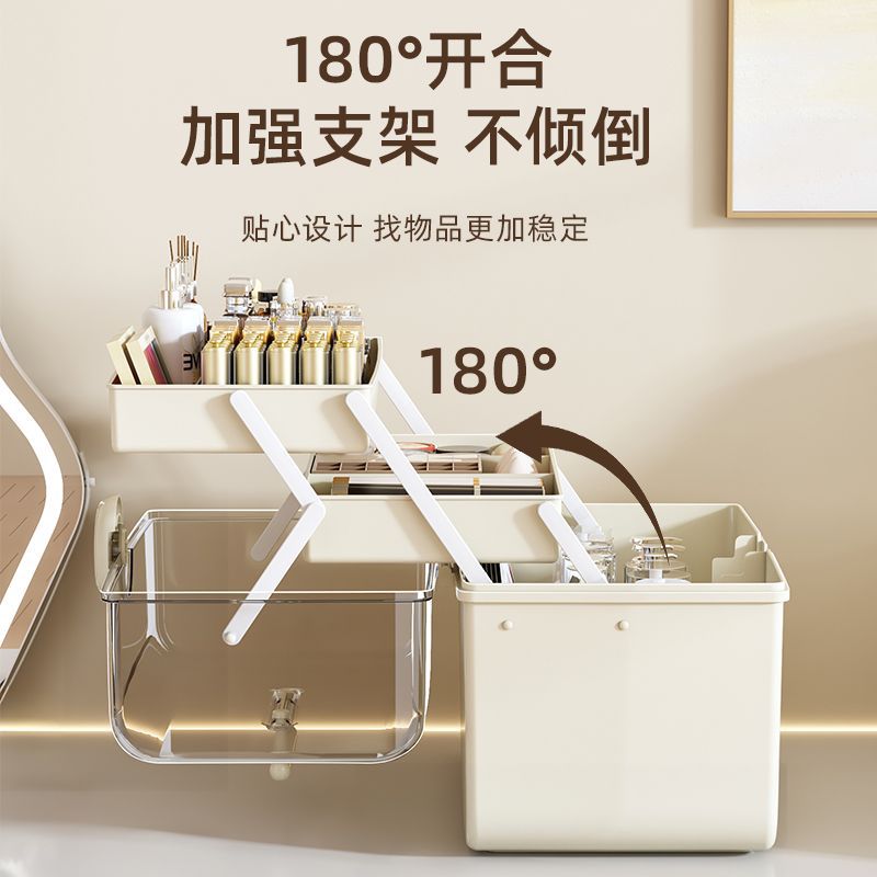 Cosmetics storage box, cross-border folding three-layer transparent visible large-capacity desktop magic tool, compartments and organization box Specification image