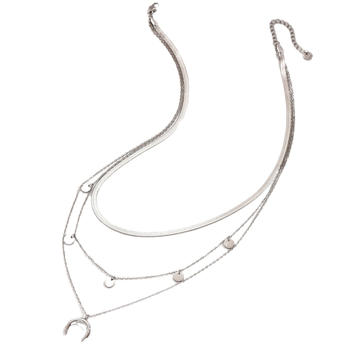 简约时尚不锈钢三层叠戴锁骨链月亮吊坠百搭设计双层圆片钛钢项链详情图5