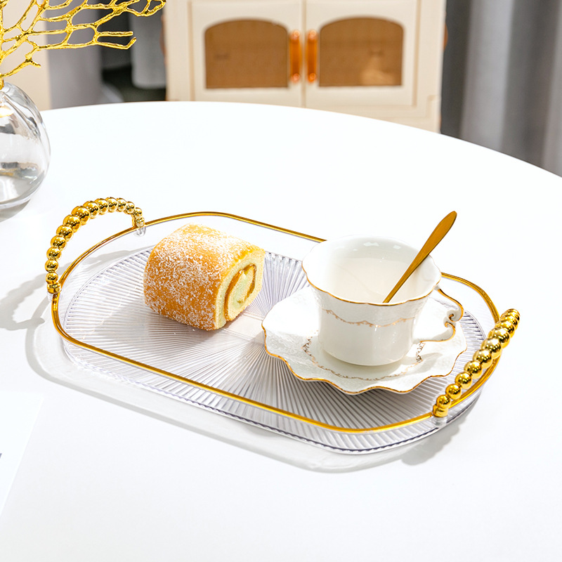 PET轻奢托盘水杯塑料茶盘透明ins水果盘透明金边收纳盘细节图