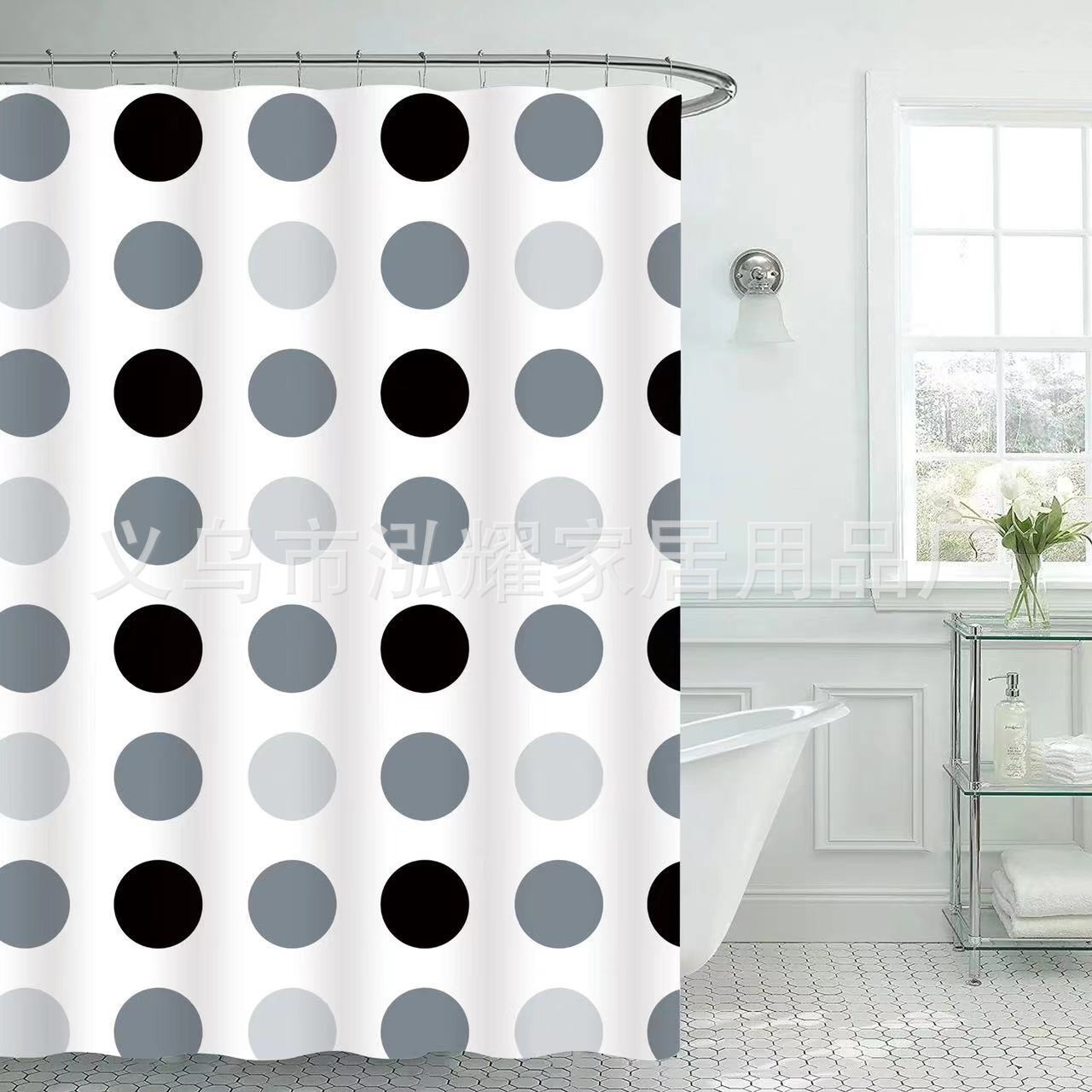 黑白圆点浴室浴帘复古黑灰色几何波点浴帘白色卫生间加厚防水浴帘